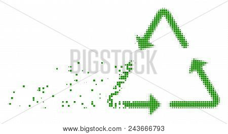 Fractured Recycling Triangle Dot Vector Icon With Wind Effect. Rectangular Pixels Are Composed Into 