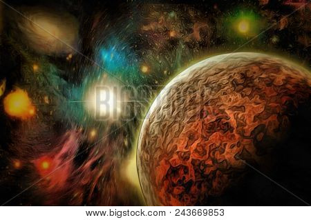 Illustration. Mystic planet in vivid universe. 3D rendering