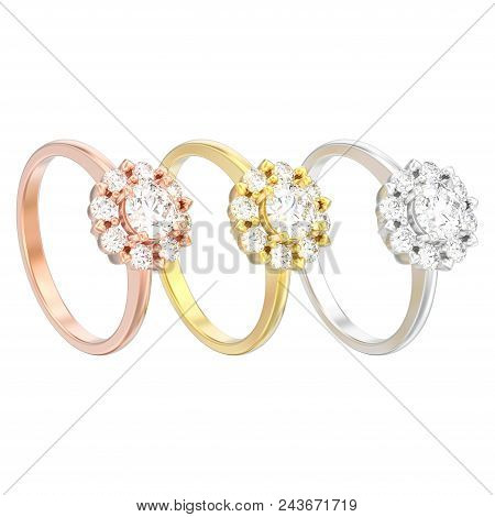 3d Illustration Isolated Three Different Gold Halo Wedding Diamond Rings With Heart Prongs On A Whit