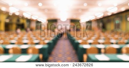 Blurred, Defocused Background Of Modern Conference Room Or University Lecture Hall. Company Business