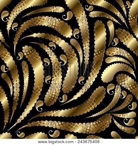 Gold Vector Paisley Seamless Pattern. Floral Vintage Background With Golden Paisley Flowers. Moden F