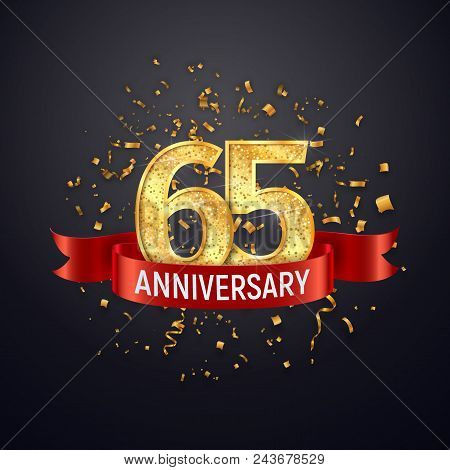 65 Years Anniversary Logo Template On Dark Background. Sixty-five Celebrating Golden Numbers With Re