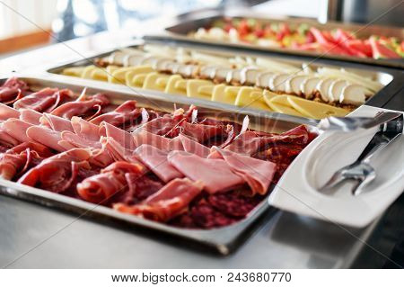 Buffet Trays With A Various Delicious Appetizers Close-up. Breakfast In Hotel. Smorgasbord.