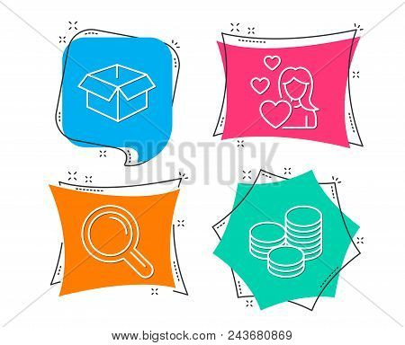 Set Of Love, Research And Opened Box Icons. Tips Sign. Woman In Love, Magnifying Glass, Shipping Par