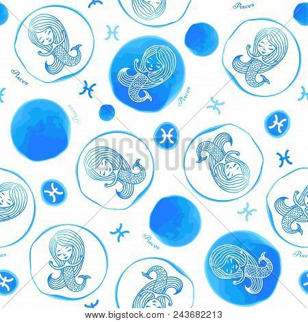 Seamless Pattern With Symbols Of A Horoscope, Signs Of The Zodiac. Vector Illustration In Blue Tones