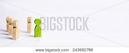 A Man Stands In The Crowd And Looks The Other Way On A White Background. Concept Meeting Rally. Anot