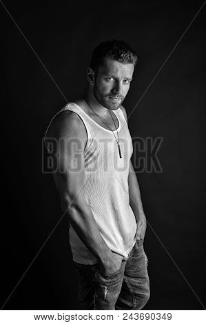 Fashion Model On Grey Background. Fashion And Beauty. Man With Unshaven Face In Studio. Handsome Muc