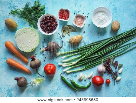 Vegetables Ingredients For Borscht On The Kitchen Table. Homemade Russian, Ukrainian And Polish Nati