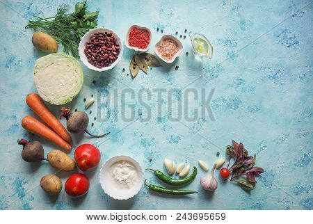 Vegetables Ingredients For Borscht On The Kitchen Table. Homemade Russian, Ukrainian And Polish Nati