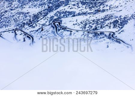 Winter Hairpin Turn Road Near To Passo Giau - Minimalistic In Dolomites, Italy