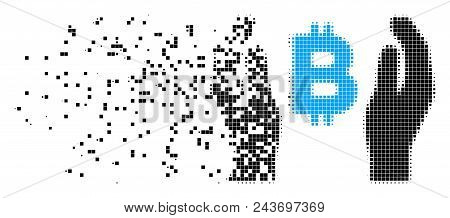Dispersed Bitcoin Care Hands Dot Vector Icon With Wind Effect. Rectangular Elements Are Combined Int