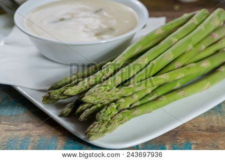 Seasonal Fresh Homemade Asparagus Soup Made From White And Green Asparagus Vegetables