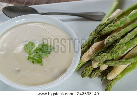 Seasonal Fresh Homemade Asparagus Soup Made From White And Green Asparagus Vegetables