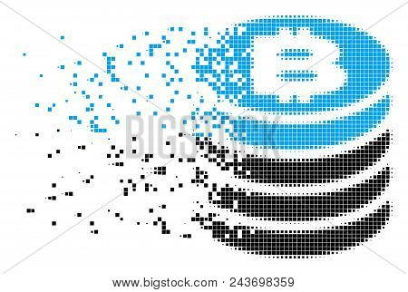 Dispersed Bitcoin Coin Stack Dotted Vector Icon With Erosion Effect. Square Dots Are Grouped Into Di