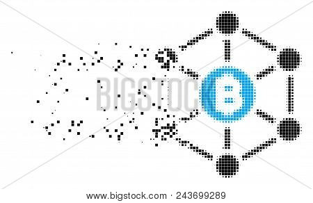 Fractured Bitcoin Finance Netwok Dot Vector Icon With Wind Effect. Square Cells Are Composed Into Di