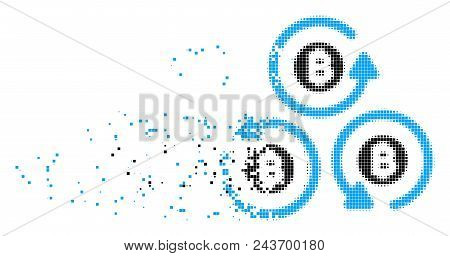 Dispersed Bitcoin Mixer Rotation Dot Vector Icon With Wind Effect. Square Elements Are Combined Into