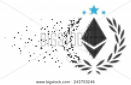 Dispersed Ethereum Laurel Wreath Dotted Vector Icon With Wind Effect. Square Elements Are Organized 