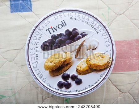 GOMEL, BELARUS - MAY 31, 2018: Tivoli cookies. Tivoli trade mark is Jacobsens Bakery Ltd. - the preferred supplier of the main retailers in the world of Danish quality cookies. 