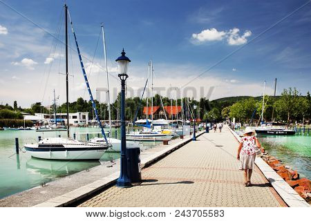 BALATONFURED, HUNGARY - JUNE 02 2018: Yachts in the harbour of Baltonfured, Hungary, Europe