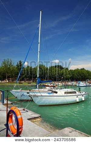 BALATONFURED, HUNGARY - JUNE 02 2018: Yachts in the harbour of Baltonfured, Hungary, Europe