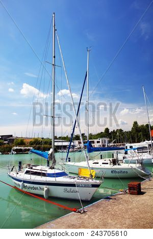 BALATONFURED, HUNGARY - JUNE 02 2018: Yachts in the harbour of Baltonfured, Hungary, Europe