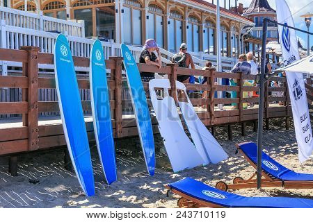 Zelenogradsk, Kaliningrad Region, Russia - July 29, 2017: Few Surfboards On A Sandy Beach On The Bal