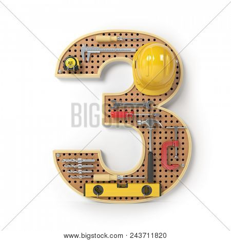 Number 3 three. Alphabet from the tools on the metal pegboard isolated on white.  3d illustration