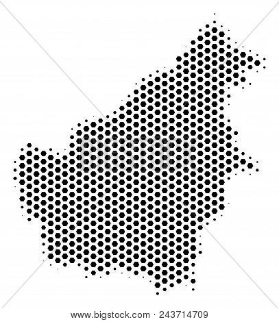 Hexagonal Borneo Island Map. Vector Halftone Territory Plan On A White Background. Abstract Borneo I