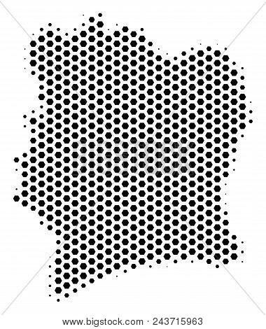 Hex Pixel Ivory Coast Map. Vector Halftone Territorial Scheme On A White Background. Abstract Ivory 