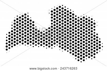 Hex Tile Latvia Map. Vector Halftone Territorial Plan On A White Background. Abstract Latvia Map Con