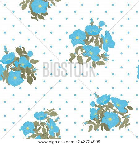 Blooming Wild Flowers Seamless Pattern With Polka Dots On White Background In Hand Drawing Style. Ve