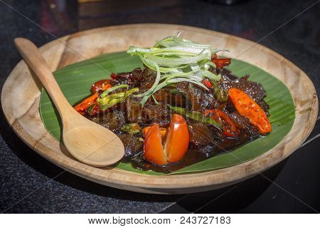 Indonesian Dish From Jakarta - Oseng Kikil Mercon Kecap, Dish From Stir-fried Cowhide, Close Up