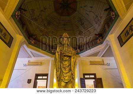 Bronze Statue Of Nautical Guanyin At Hai Tian Tang Gou Building In Gulangyu Island