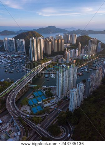 Panoramic Aerial View Of The Aberdeen Harbour (aberdeen Typhoon Shelter) And Ap Lei Chau Bridge In H