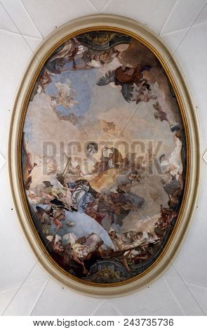 VENICE, ITALY - MAY 28: Coronation of Mary, by Giambattista Tiepolo, ceiling of the Church of the Pieta or St Mary of the Visitation in Venice, Italy, on May 28, 2017.