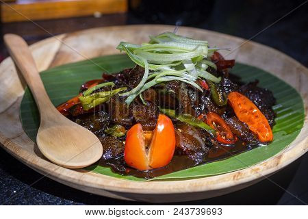 Indonesian Dish From Jakarta - Oseng Kikil Mercon Kecap, Dish From Stir-fried Cowhide, Close Up