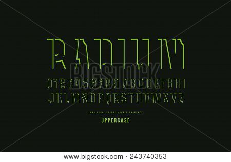 Decorative Stencil-plate Sans Serif Font. Letters And Numbers For Logo And Title Design. Green Print