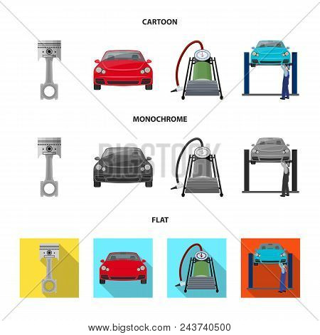 Car On Lift, Piston And Pump Cartoon, Flat, Monochrome Icons In Set Collection For Design.car Mainte