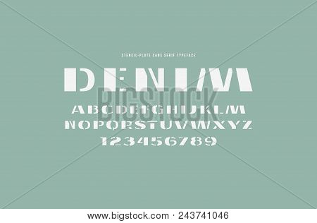 Stencil-plate Sans Serif Font. Letters And Numbers For Logo, Label And Signboard Design. White Print