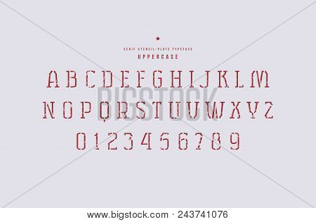 Stencil-plate Serif Font. Thin Line Face. Letters And Numbers With Rough Texture For Logo And Emblem
