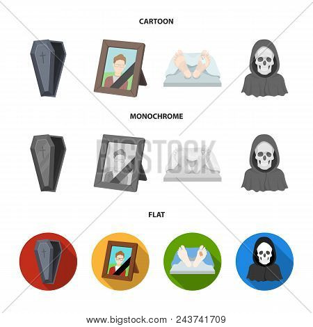 Coffin With A Lid And A Cross, A Photograph Of The Deceased With A Mourning Ribbon, A Corpse On The 