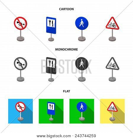 Different Types Of Road Signs Cartoon, Flat, Monochrome Icons In Set Collection For Design. Warning 