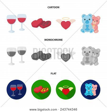 Glasses With Wine, Chocolate Hearts, Bears, Valentine.romantik Set Collection Icons In Cartoon, Flat