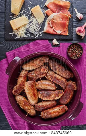Fried Italian Braciole - Beef Steak Rolls Stuffed With Prosciutto, Grated Parmesan Cheese And Parsle