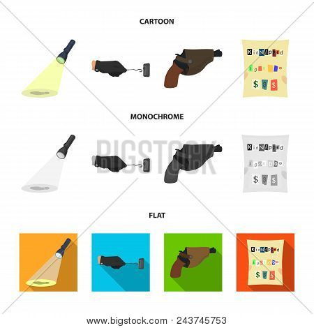 The Detective Flashlight Illuminates The Footprint, The Criminal Hand With The Master Key, A Pistol 
