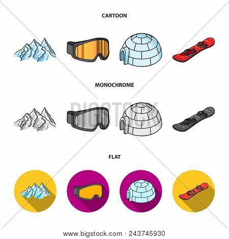 Mountains, Goggles, An Igloo, A Snowboard. Ski Resort Set Collection Icons In Cartoon, Flat, Monochr