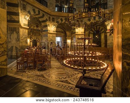 Aachen, Germany - May 31, 2018: Candle On The Bowl In Carolingian Octagon (palatine Chapel) In Aache