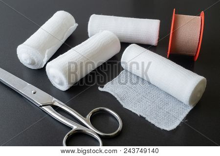 Medical Bandages With Scissors And Sticking Plaster. Medical Equipment.