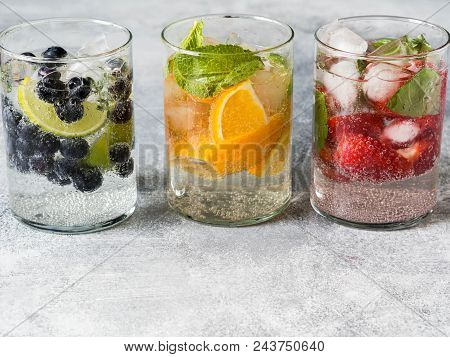 Set Of Summer Healthy Cocktails, Various Citrus Infused Waters, Lemonades Or Mojitos, With Lime And 