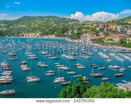Beautiful Aerial View Of Gulf Of Poets With Sailing And Motorboats In Lerici Medieval Town From San 